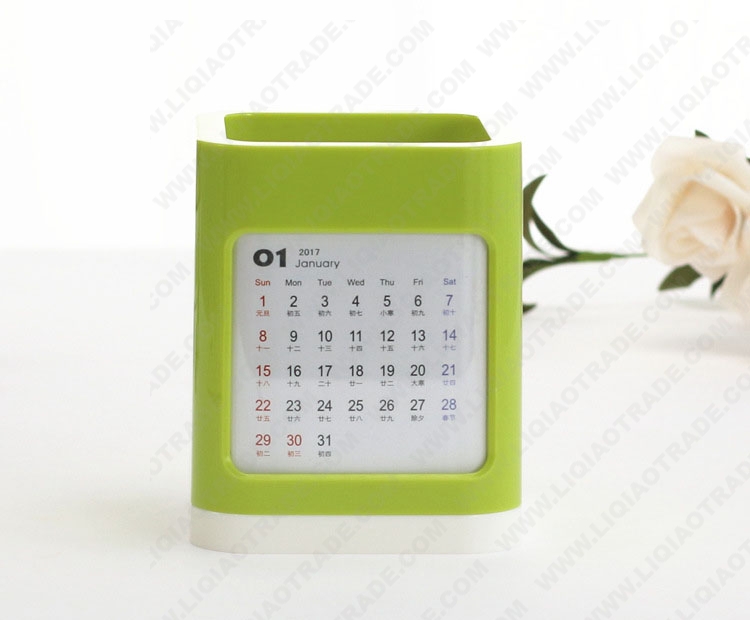 Customizable plastic calendar with pen container 